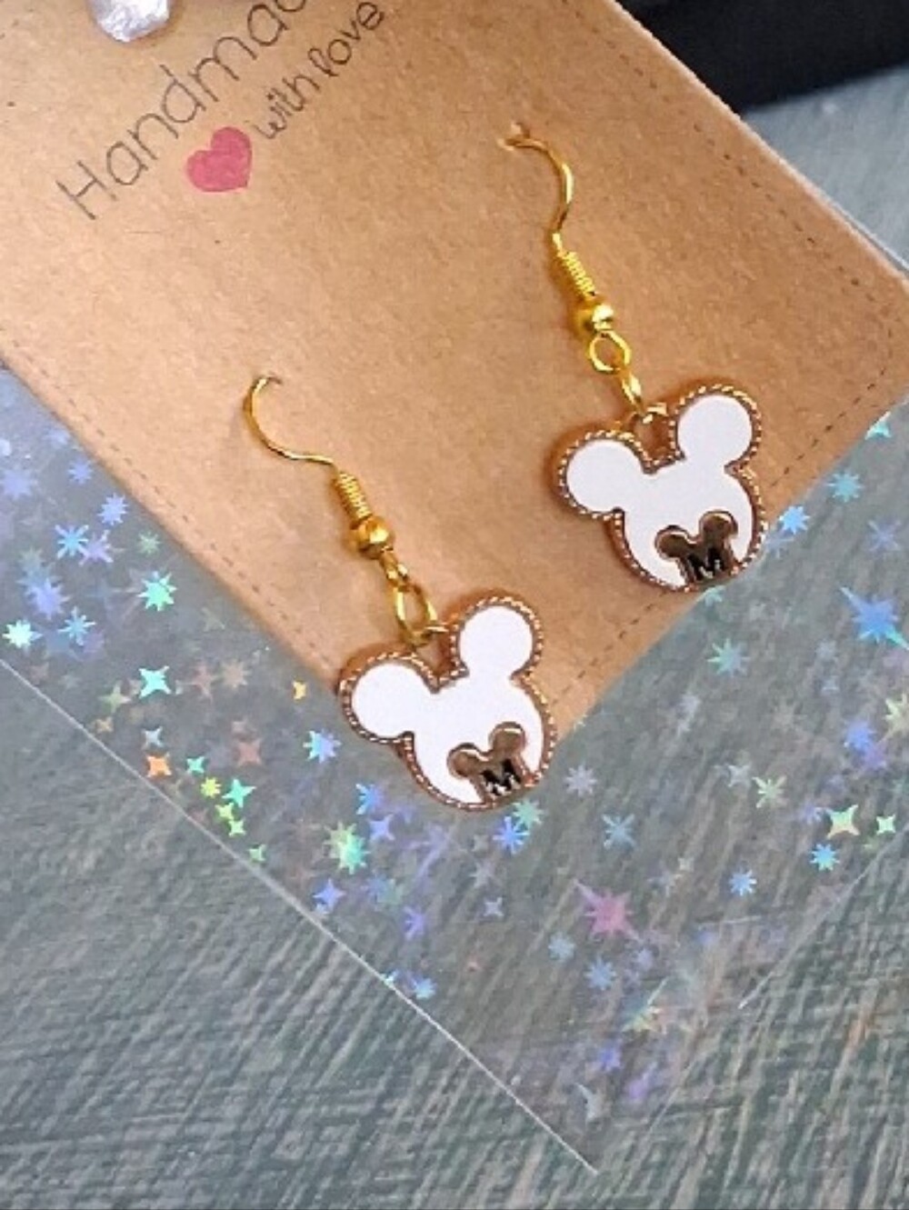$8 Each Or Bundle 5/$20 Handmade White Mickey-Style Earrings with Gold Trim